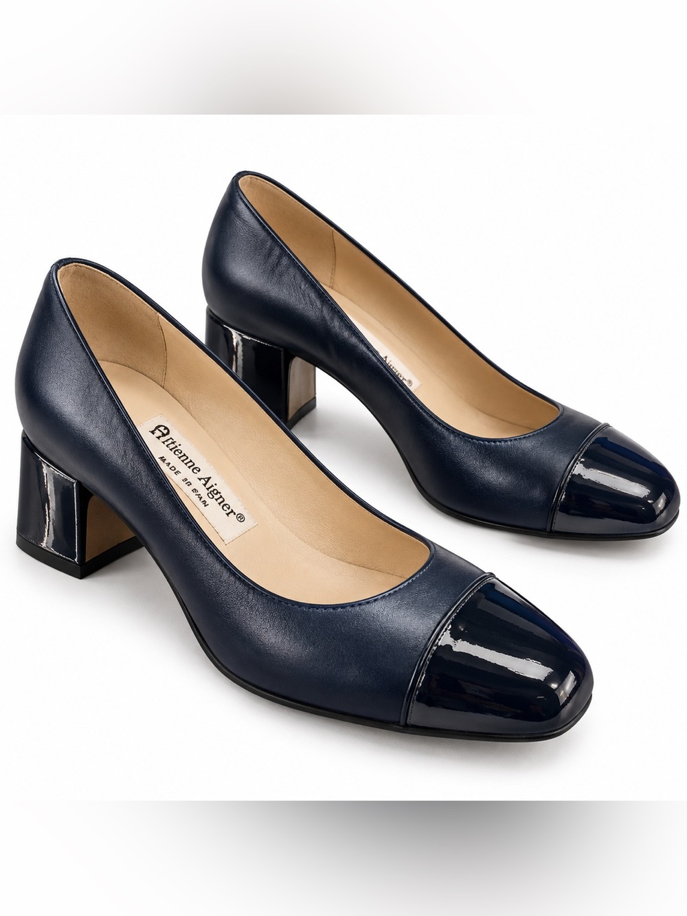 Etienne Aigner Vintage Navy Leather Pumps 7.5N Patent Cap Toe Block Heel Spain